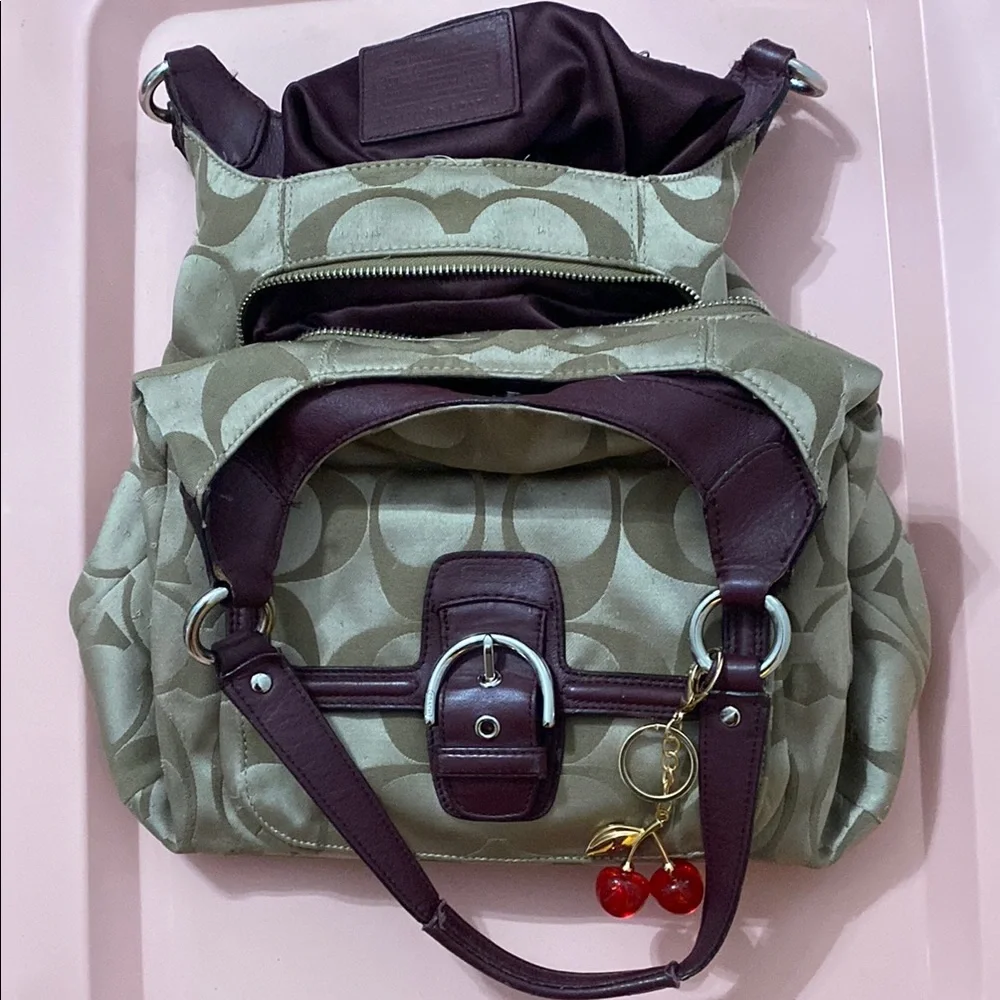 Coach Tan Signature Canvas Hobo with Maroon Trim